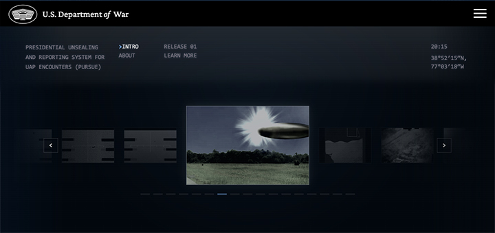 Website des US-Kriegsministeriums mit UFO-Akten